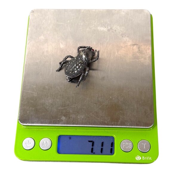 Vtg Sterling Silver Scarab Beetle Brooch Ruby Red Crystal Eyes Egyptian Art Deco - Picture 6 of 6